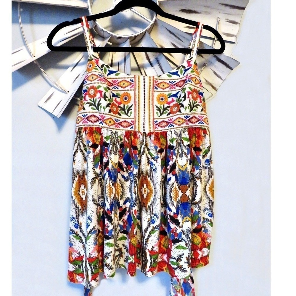 One September Embroidered Boho Tank Top Floral Sequin Rayon Medium